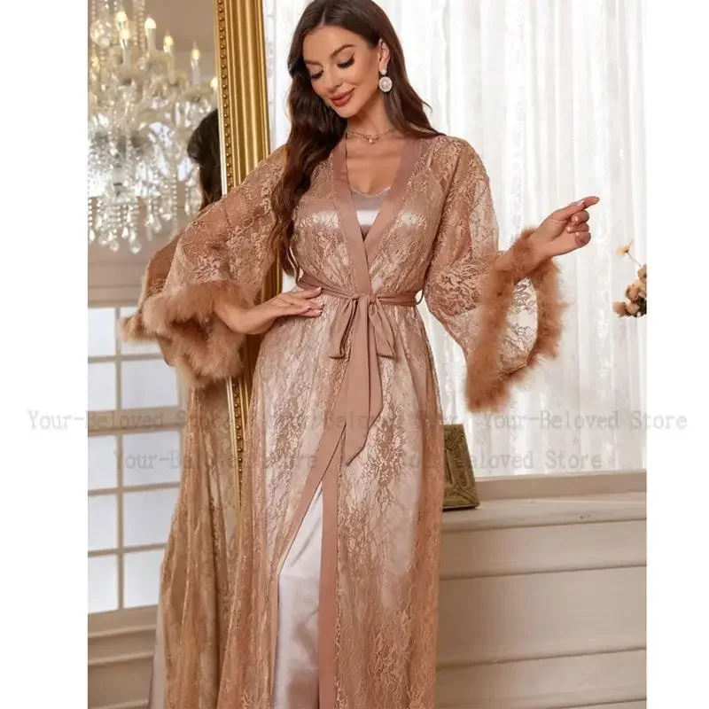 Luxury Party Night Dress Set Women Sexy Mesh Lace Floral Kimono Robe Gown Long Bathrobe Intimate Lingerie Satin Sleepwear