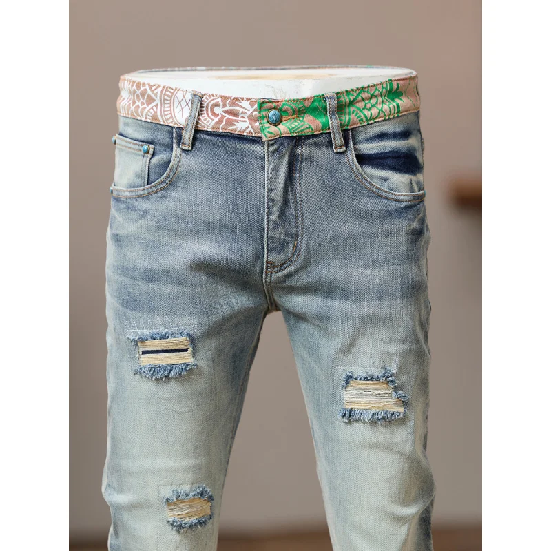 Stitched Print Design Premium Trendy Denim Pants Men's Ripped 2025 New Streetwear American Vintage Slim Fit Skinny Jeans
