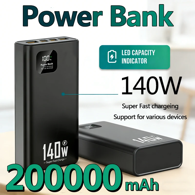 140W 200000mAh High Capacity Power Bank Super Fast Charging Powerbank Portable Battery Charger for iPhone Samsung Xiaomi Huawei