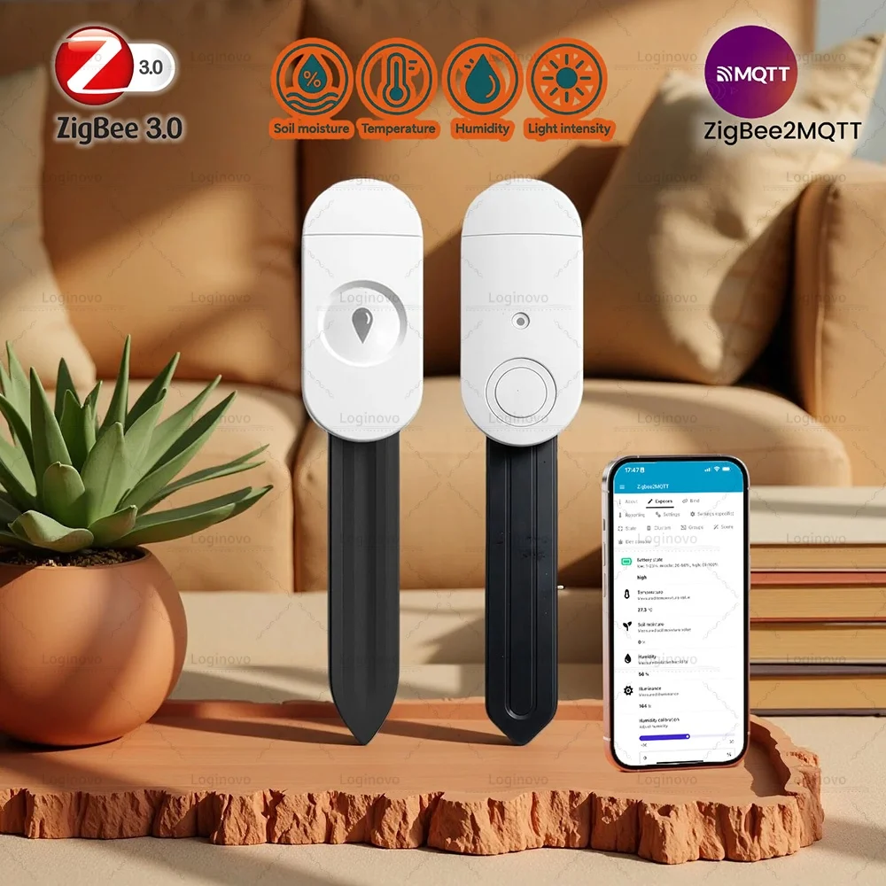 Zigbee Soil Moisture Sensor Humidity Meter Temperature Tester Luminance Detector Works With Z2M in Home Assistant Irrigation