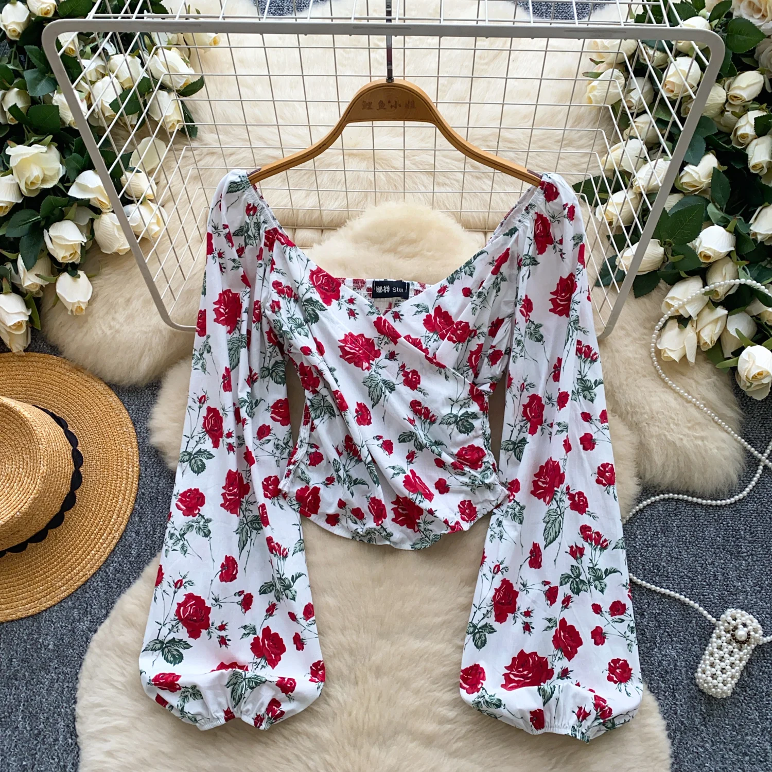 Y2k Goth Spice Girl Criss-Cross print pleated long sleeve T-shirt Women Shirt Female Slim Tops women clothing