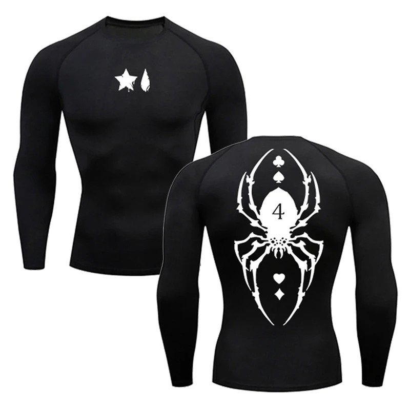 Spider Print Compression Shirt for Men Sporty Quick Dry Long Sleeve Tees Tshirt Tops Gym Workout Fitness Undershirts Baselayers