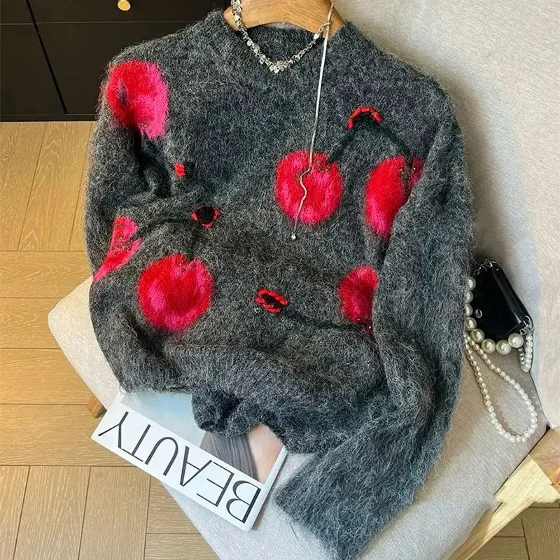 New Autumn Luxury Beading Sweater Women Vintage Cherry Jacquard O-Neck Long Sleeve Pullover Top Knitwear Fashion Casual Jumper