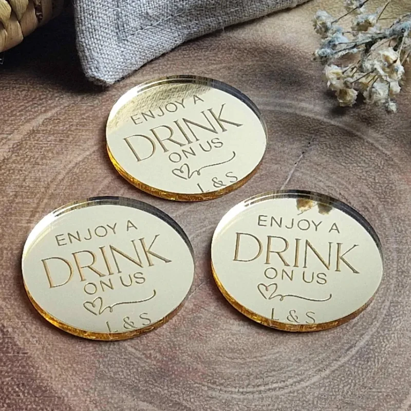 10pcs personalized wedding couple Tokens Custom Engraved Free Drink Wedding Tokens Mirror Luxury Bespoke Favor & Table Decor