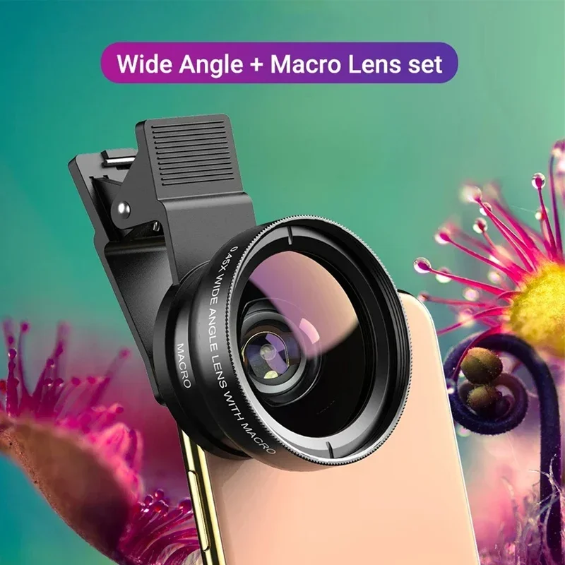 2 In 1 Clip-on Fish Eye Magnifiers Mobile Phone Lens Professional Mobile Phone Camera Lenses 15X Macro 0.45X Super Wide Angle