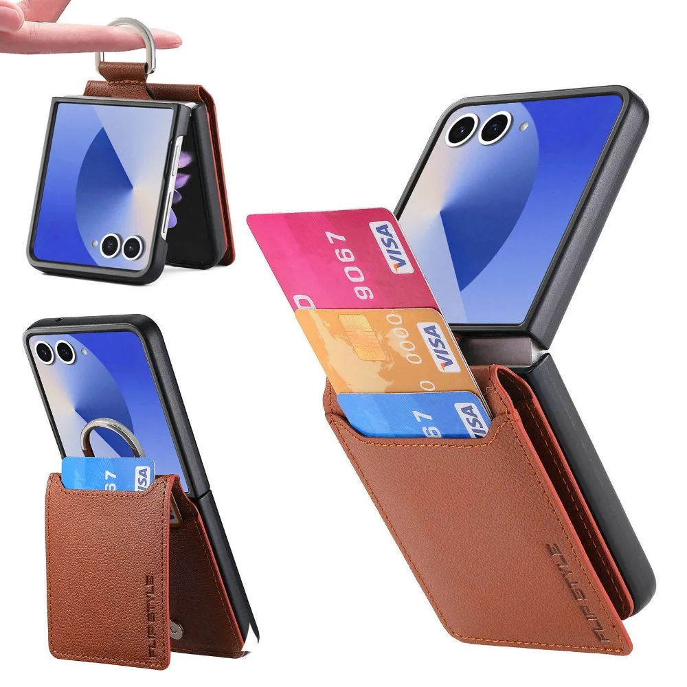 Lychee Pattern Ring Wallet Phone Case Card Holder For Samsung Galaxy Z Flip 7 6 5 4 3 2 1 Flip7 Flip6 Flip5 Flip4 Flip3 Flip 5G