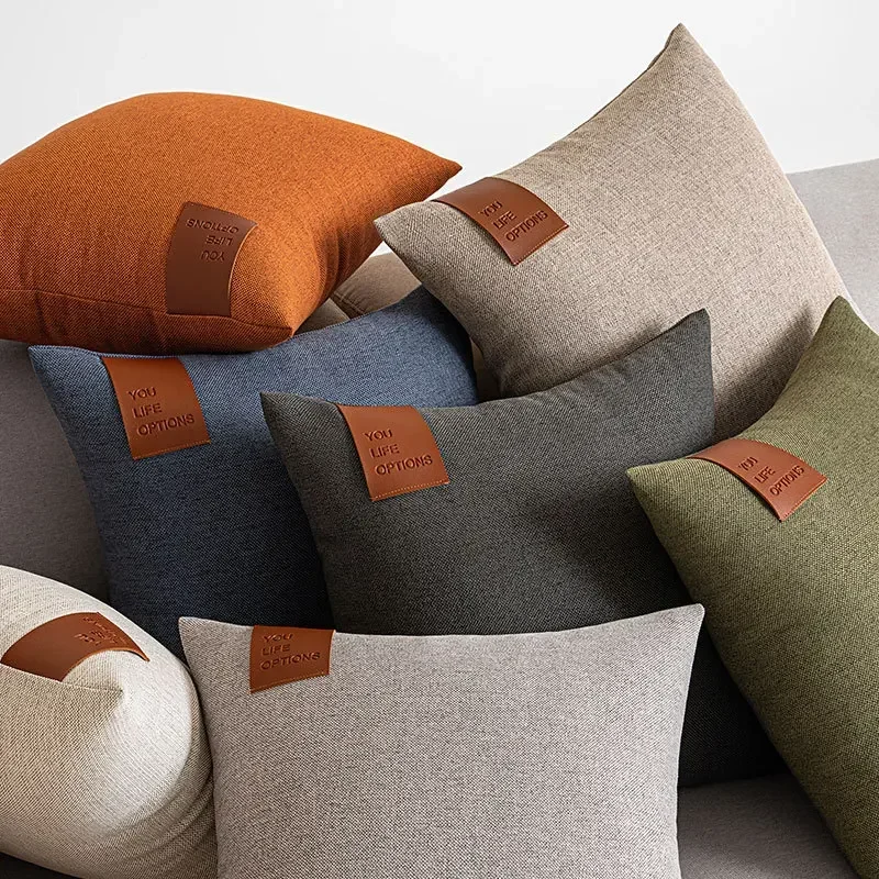 30x50/45x45/50x50/60x60cm Leather Label Splicing Throw Pillow Cover Living Room Light Luxury Cushion Cover Nordic Pillowcase