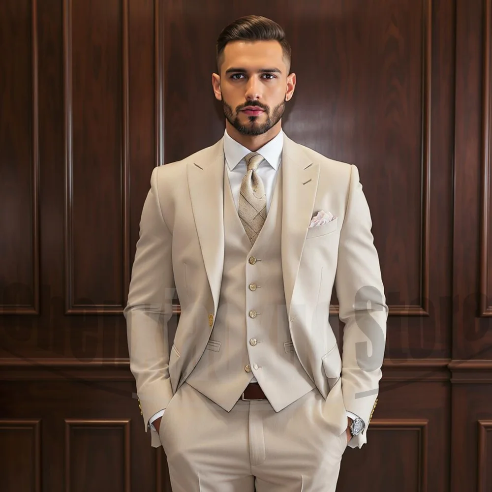 Fashion Men's Suit Set Peak Lapel Wedding Groom Party Tuxedo Slim Chic Formal Business Casual Tailored Suits Three Piece