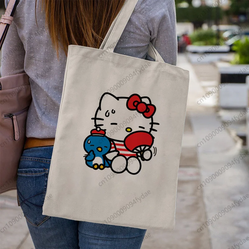 Summer Hello Kitty Pool Print Design Shoulder Canvas Bags Large Capacity College Harajuku Handbag Women Bag Shopping Bag