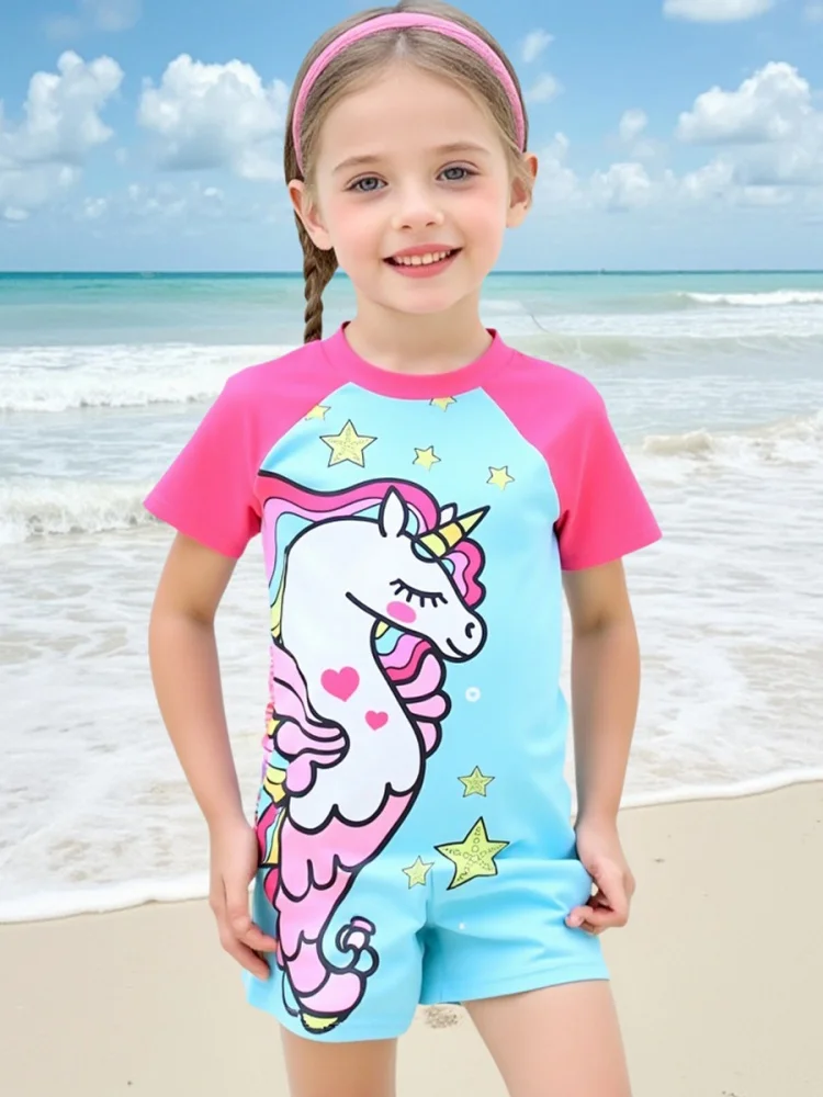 One Piece Girl Kids Swimsuit 2026 New Cartoon Short Sleeve Children Swimwear Summer Zipper Conjoined Beach Bathing Suit Swimming