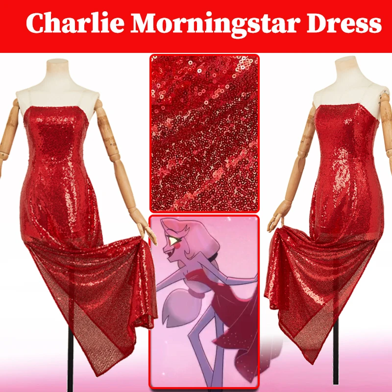 Haazbin Charlie Morningstar Red Sequined Dress Cosplay Costume TV Hell Inn Disguise Sexy Strapless Evening Dress Halloween Suit