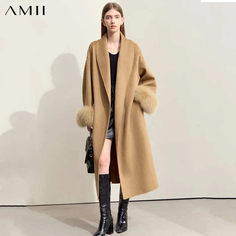 Amii Winter Jacket Women 2025 Long Woolen Coat Women's Wool 100% Removable Fox Fur Cuffs Loose Office Lady Clothes 12424015
