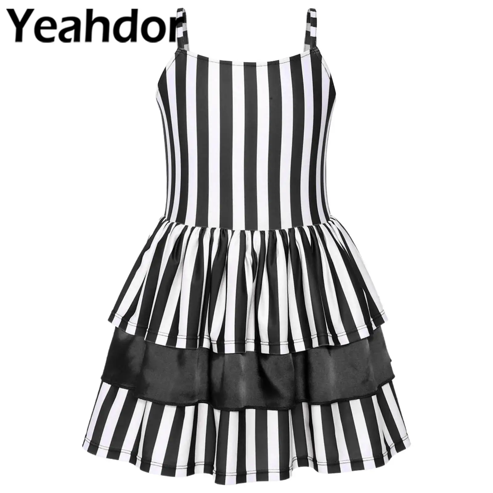 Kids Girls Clown Striped Cosplay Costume Adjustable Spaghetti Strap Roleplay Dress Back Waist Bow Layered Ruffle Puffy Hem Skirt