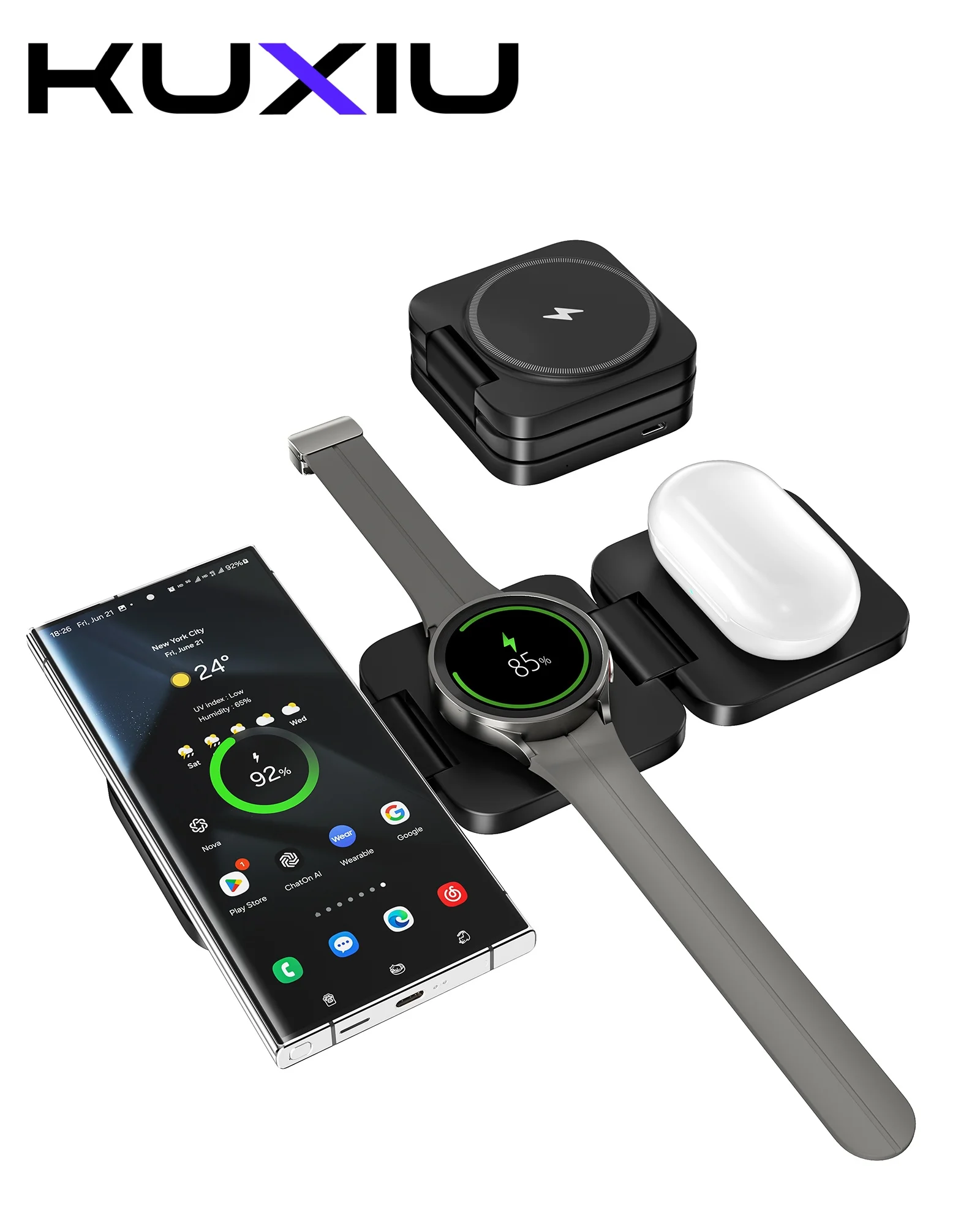 3 in 1 Wireless Charger Station for Samsung Galaxy S24 Ultra S23 S22 Note 20 Z Fold Flip 6 5, Galaxy Watch Ultra 7 6 5, Buds