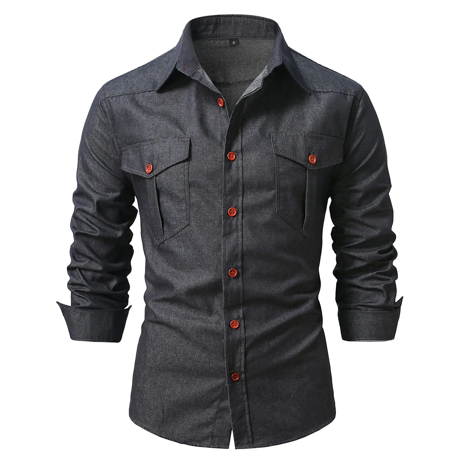 Men'S Denim Shirt Dark Grey And Red Buttoned Double Pocket Work Shirt Retro Tough-Style Top Daily Outdoor Wear For Men