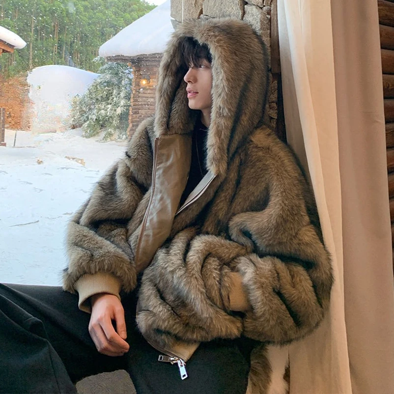 Men Faux Fur Coats Jackets Hooded Zipper Coat Thick Streetwear Jacket Casual Full Sleeve Work Outerwear Autumn Winter 2025