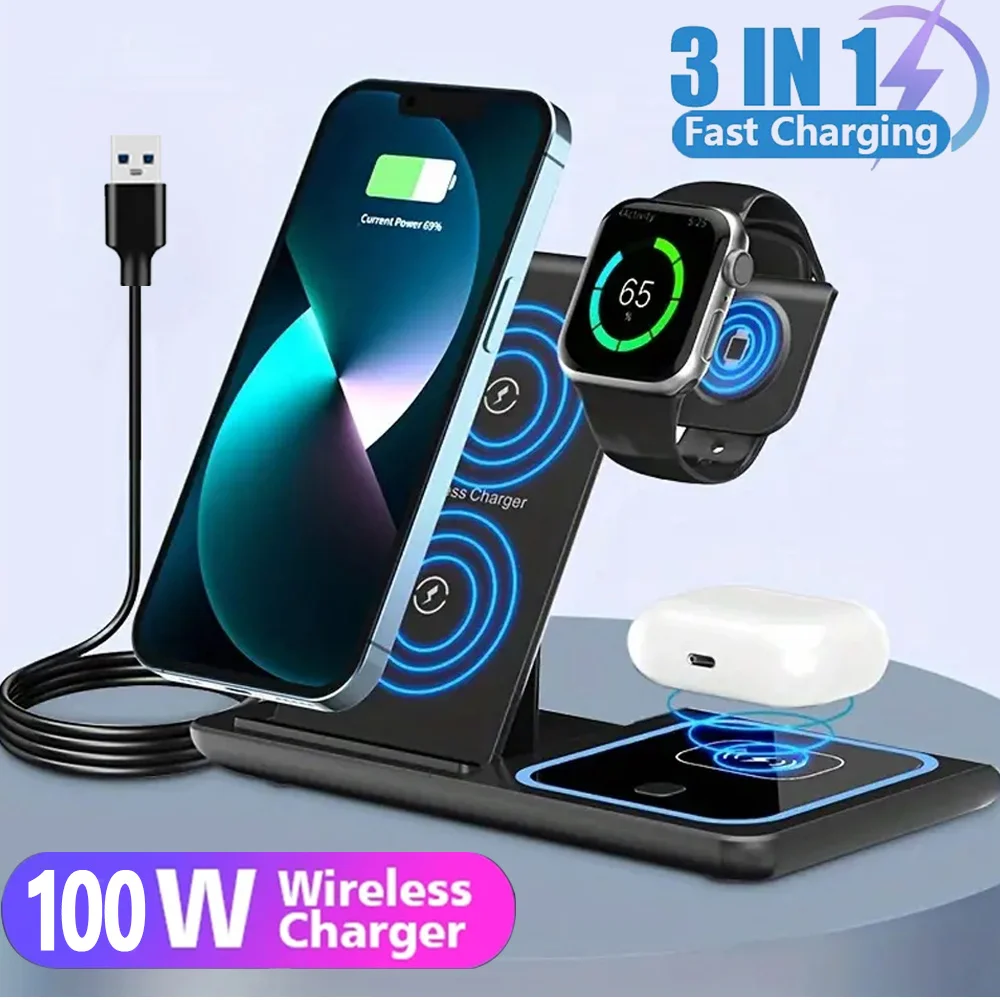 15W LED Fast Wireless Charger Stand 3 in 1 Foldable Charging Station For iPhone 17-11 Apple Watch 9 8 7 6 5 Airpods Pro