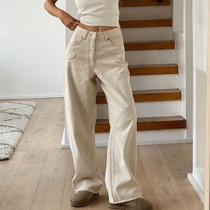 Beige Casual Wide Leg Denim Trousers Women Baggy Jeans Pants Autumn 2023 Faion Ladies Premium Quali Cowhide Leather