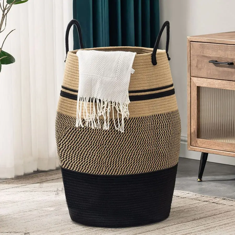 Rope Laundry Hamper by , 105L Woven Collapsible Laundry Basket Clothes Storage Basket for Blankets organizing, Bedroom Storage,