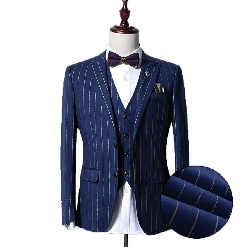 Auriparus flaviceps Gold Striped Man Suits 3 Pieces Groom Tuxedos Custom Made Man Suit Tailor Striped Suit Business affairs Suit