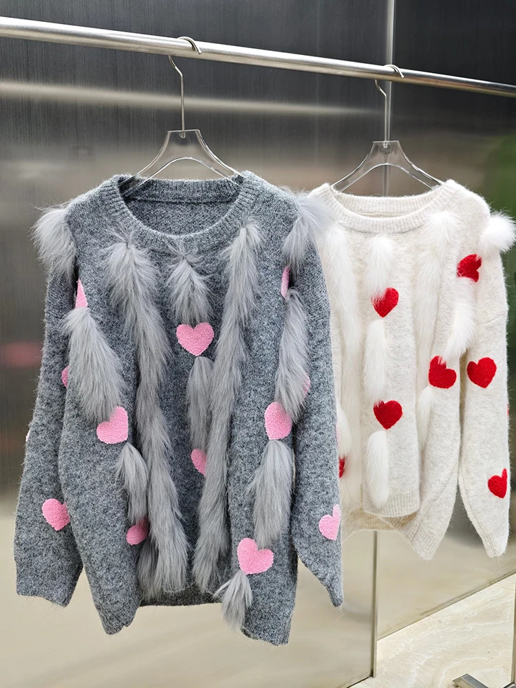 2025 Women Autumn Real Fur Pullover Coat With Real Fox Fur Stripe O-Neck Knitted Sweater Coat Female Luxury Jackets