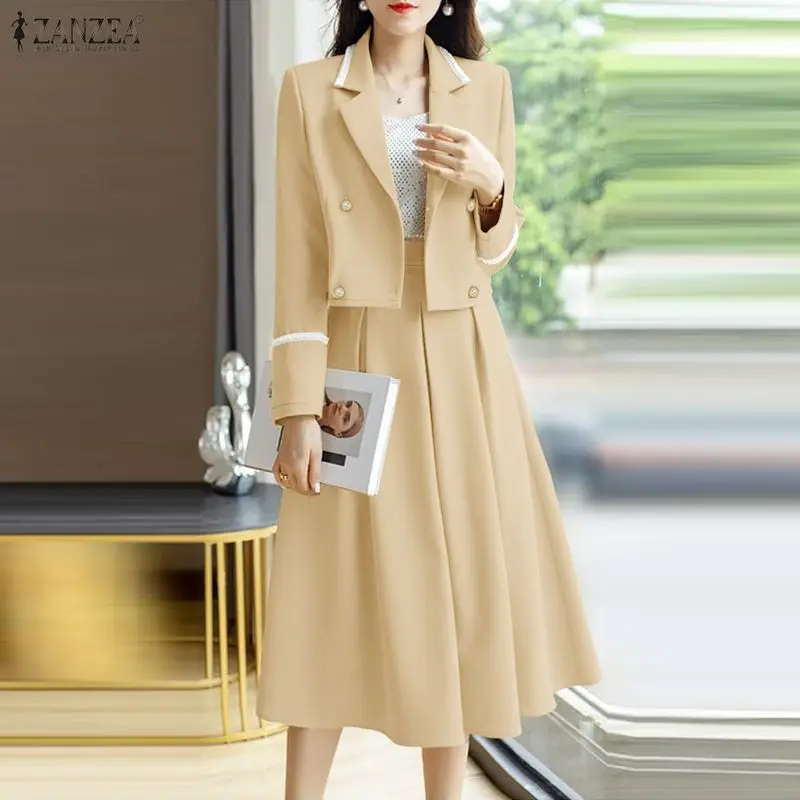 ZANZEA Elegant Chic Skirt Suits Women's Midi Skirts & Lapel Contrast-Color Short Blazer 2 Pieces Sets Outfit Office Blazer Suits