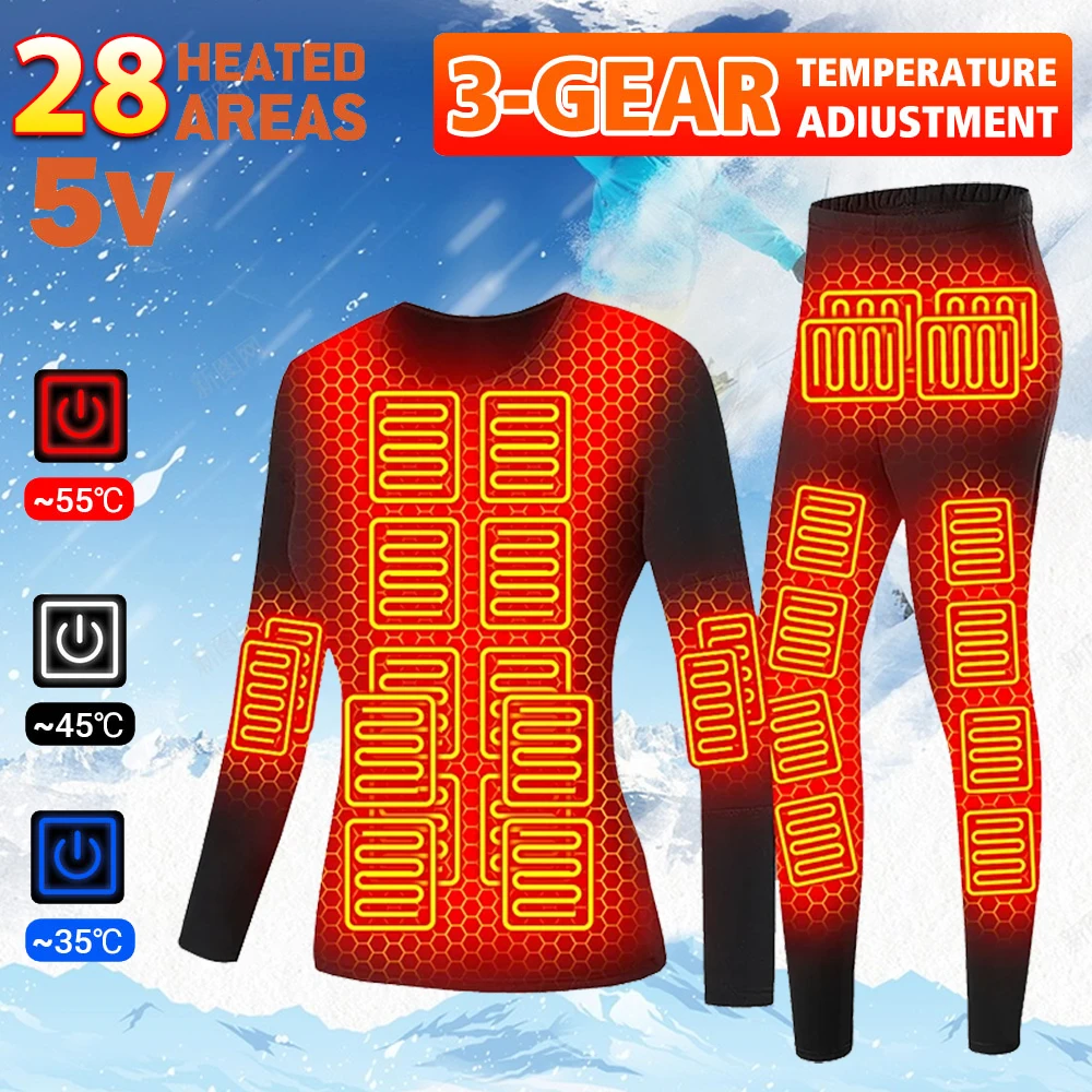28 Areas Heated Underwear Ski Suit Thermal Underwear Women Men Heating Jacket Winter USB Electric Heated Skiing Underwear
