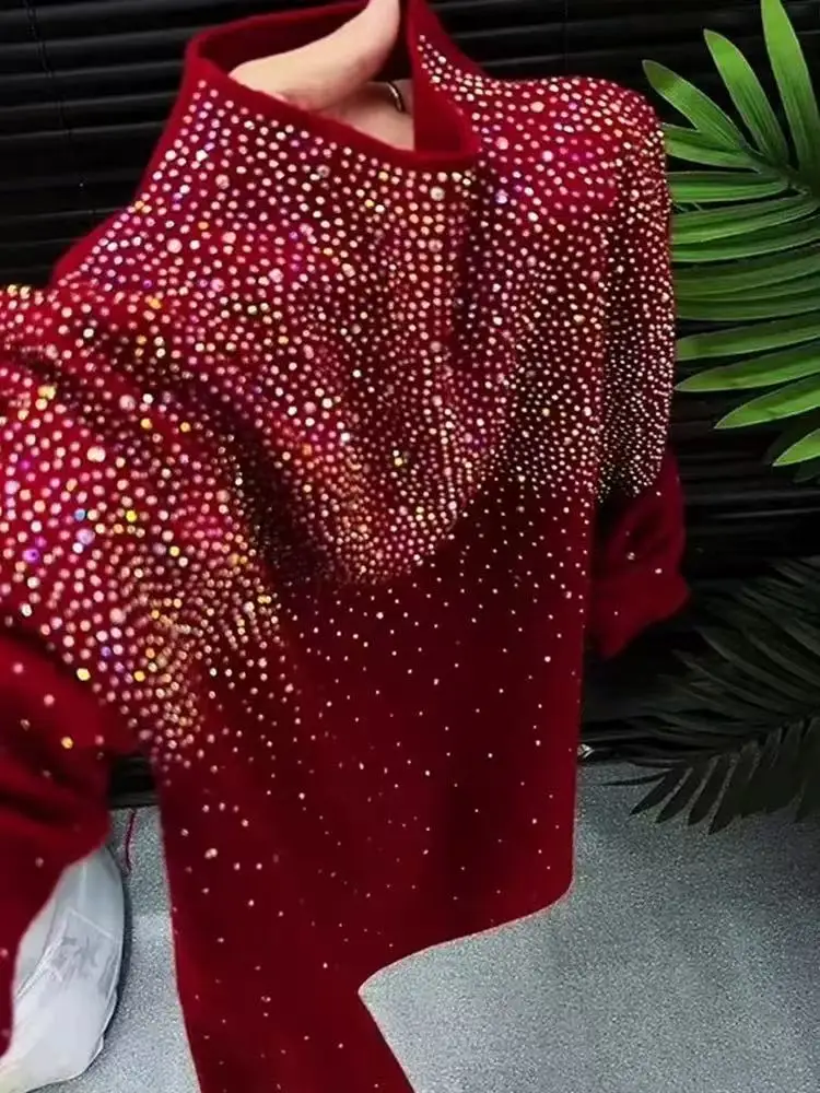 Luxury Design Diamonds Hot Drilling Slim Fit Wine Red Sweater Women Autumn/Winter Knitwear Bottoming Pullovers Femme Clothes