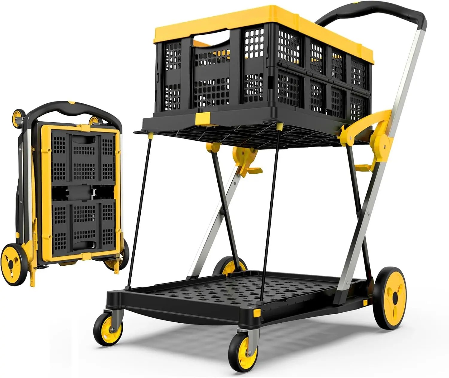 Foldable Shopping Cart with Wheels, 200 lbs Capacity, Storage Basket, Foot Brake, Yellow