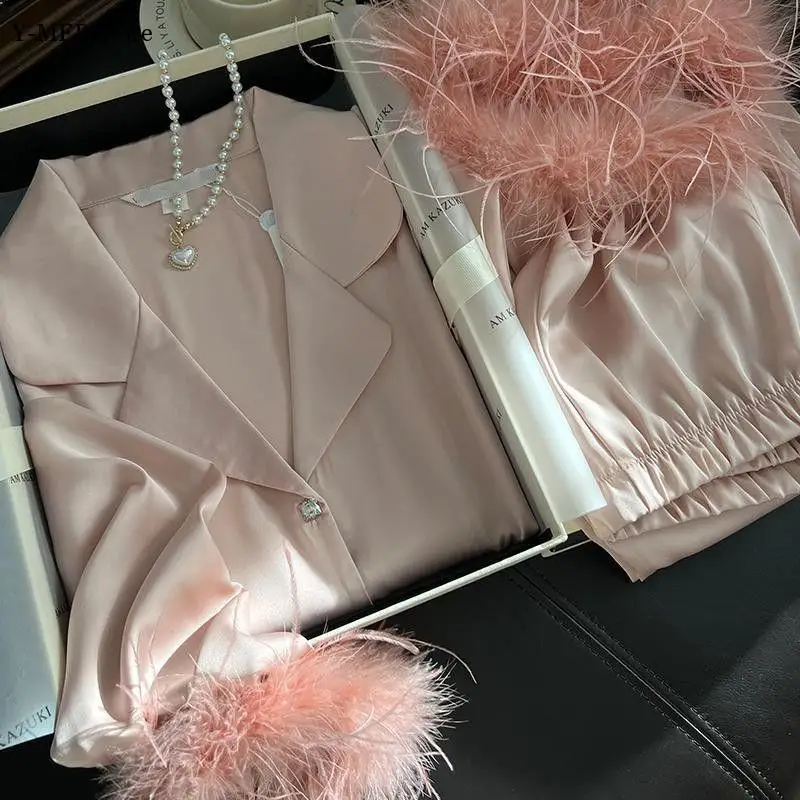 Pink Pajamas Women Feathers Sleeve Sleepwear Party Office Outfit Luxury Business Wear Suit Lapel Shirt Pants Two Piece Sets