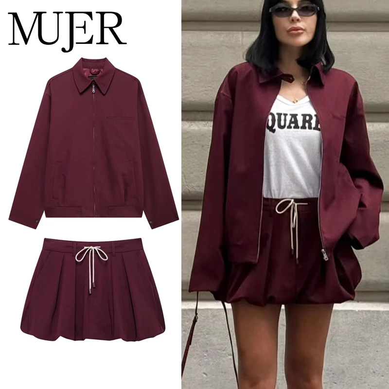 MUJER 2025 Balloon Skirt Sets for Women 2 Pieces Mini Skirt Women's Suits Two Pieces Set Long Sleeve Zipper Jacket Woman Outfit