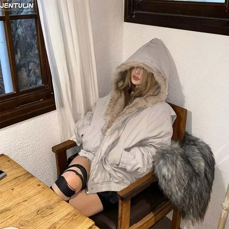 Y2K American Black Retro Wool Collar Thickened Cotton Jacket Men And Women Fashion Punk Vintage Streetwear Loose Casual Jackets