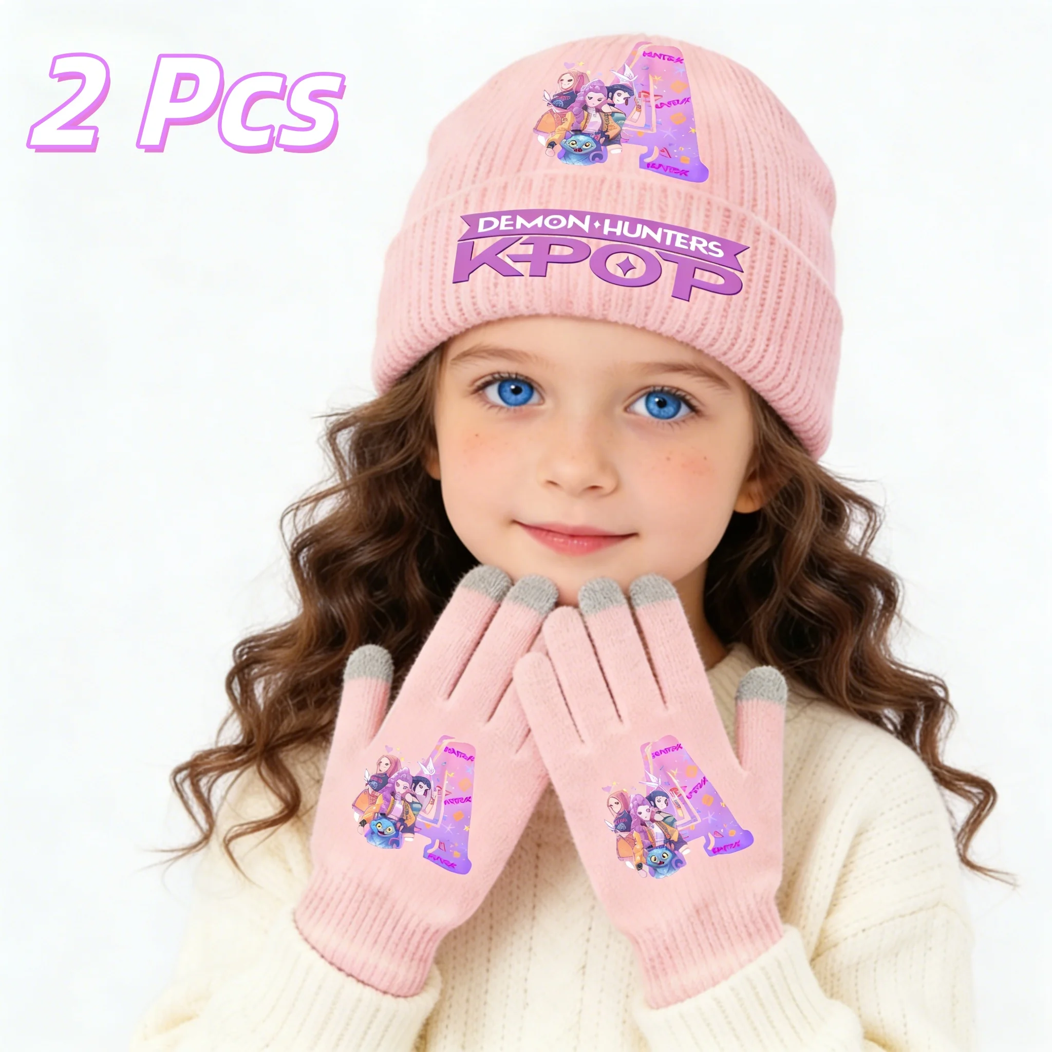 2 Pcs Kpop Demon Hunters Letter Printed Knitted Hat & Mittens Set Thickened Windproof Warm Winter Accessories for Girls Children