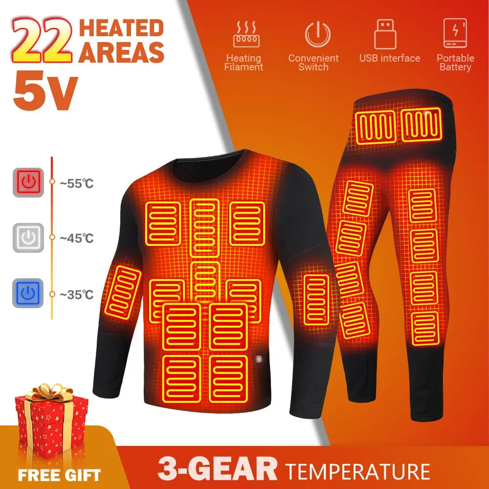 28 Areas Winter Heated Thermal Underwear Sets Skiing Heating Jacket USB Electric Men Warm Heating Clothing Top Pants Hiking