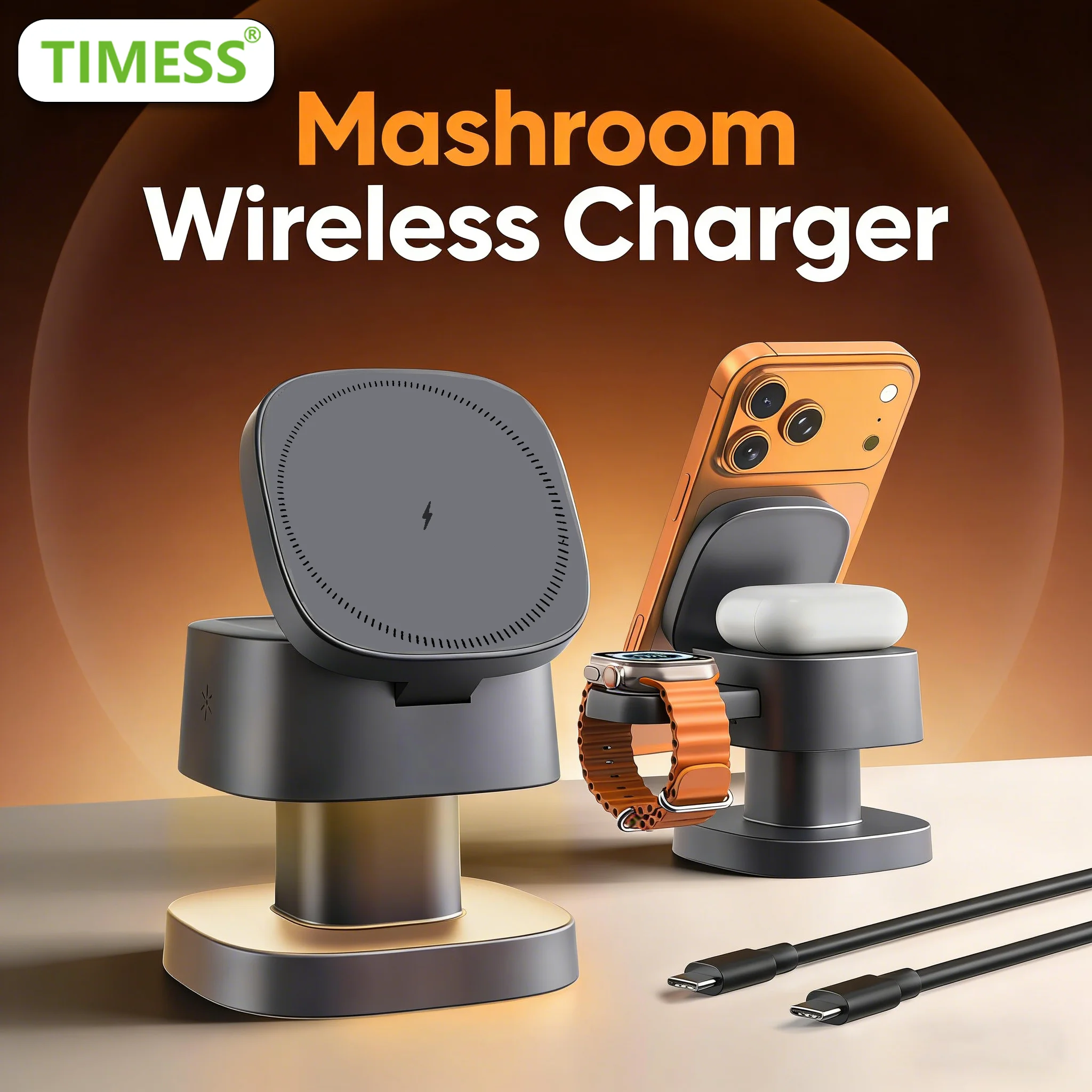 TIMESS Night Light Mashroom Wireless Charger 3-IN-1 For iPhone17 16 15 14 PRO MAX For Airpods For Apple Watch Charging Station