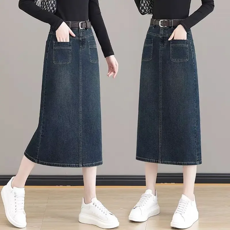 Summer 2025 Korean Style Stylish Midi With Pocket Women's Denim Skirt Premium Aesthetic Chic and Elegant Female Jeans Skirts