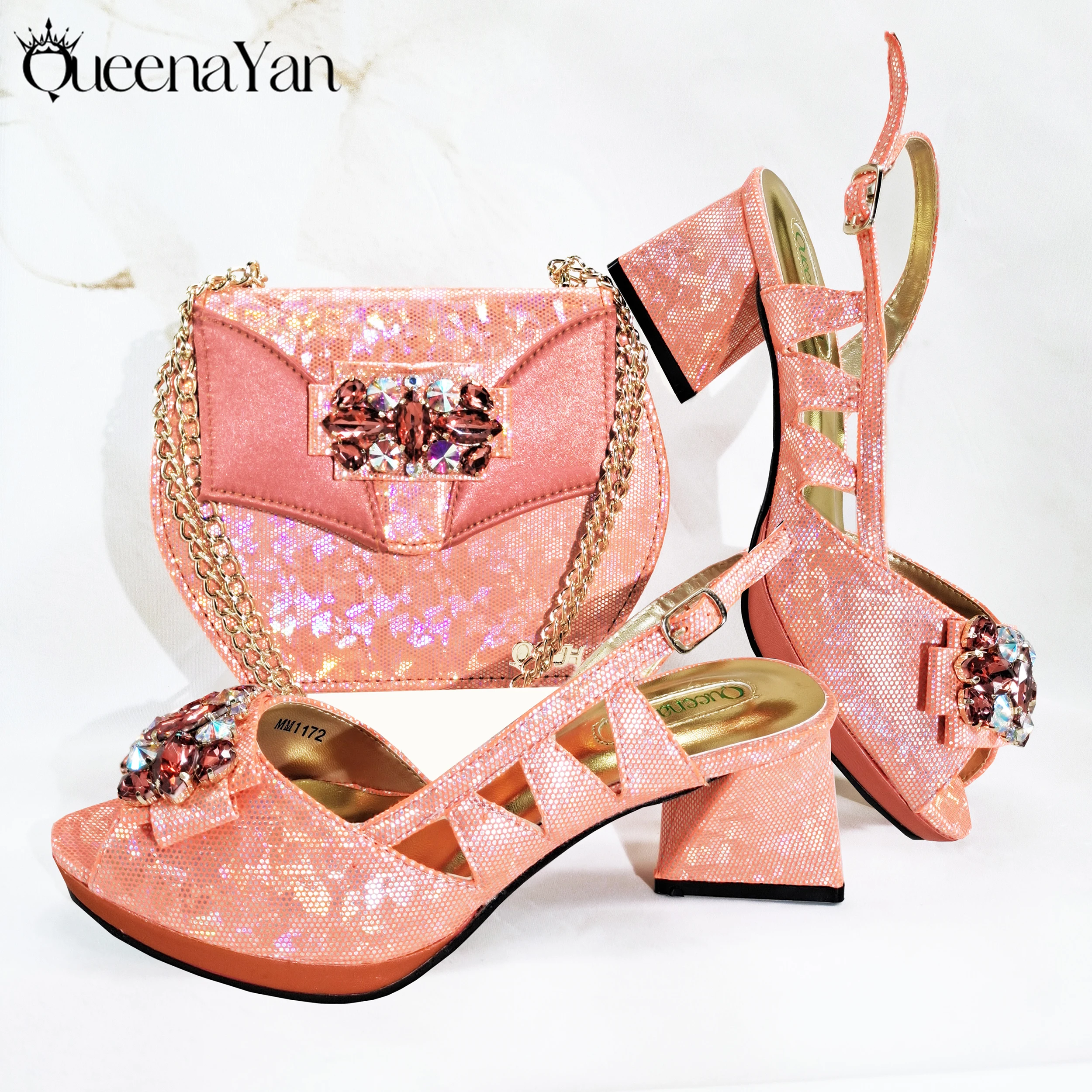 2025 New-Season Peep Toe Ladies' Shoes Elegant Coral Color Diamond-Embellished High Heels Italian-Designed Shoe and Handbag Set