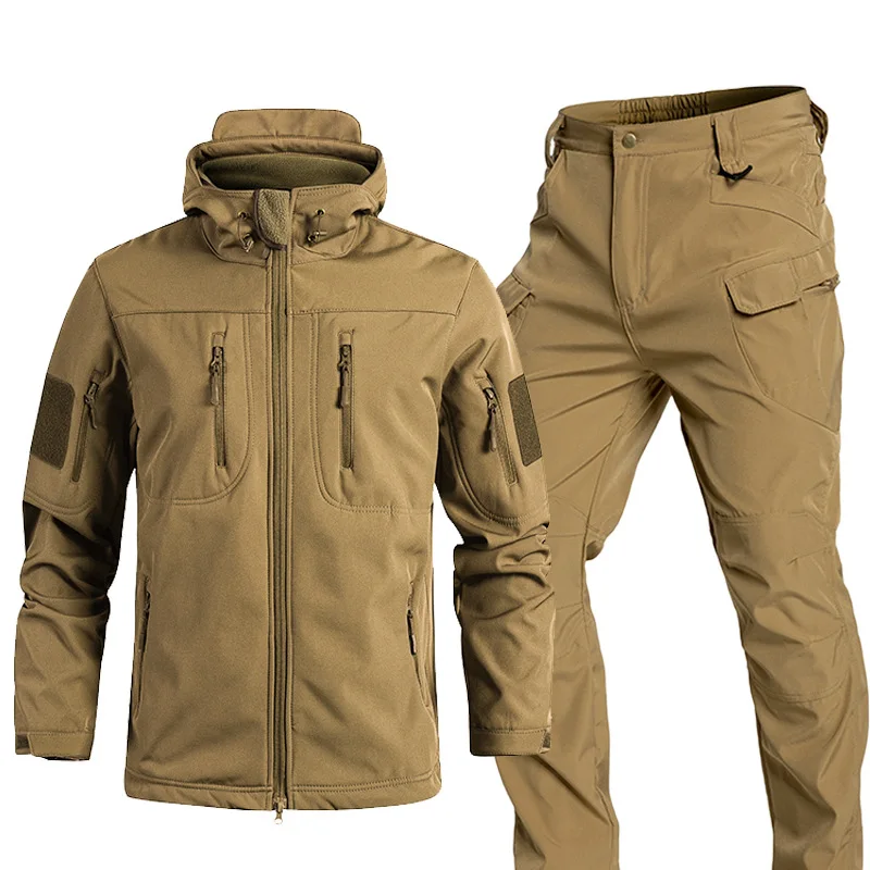 Winter Waterproof Tactical Jackets Sets Men Outdoor Soft Shell Hiking Hunting Jacket Suit Fleece Cargo Pant Tracksuits