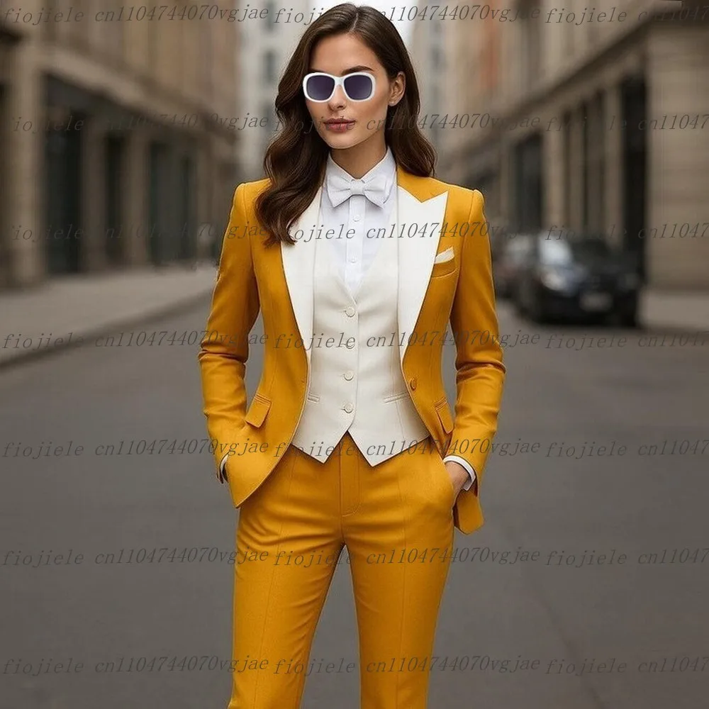 Yellow And White Formal Business Women Suit Wedding Party Prom Ladies Mother Girl Tuxedos Costume 3 Piece Set Blazer Vest Pants