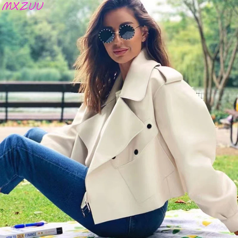 Women's Sheepskin Coat Plus Size Short Loose Veste Femme Large Lapel Pocket Gray/Dark Green/Pink/Khaki Locomotive Leather Jacket