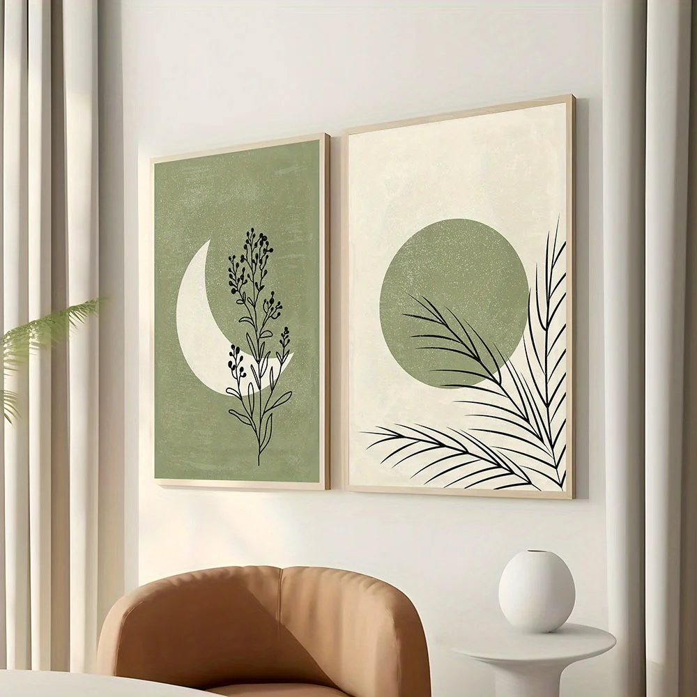2pcs/set Bohemian Plant Moon Sun Canvas Poster Green Beige Background Landscape Wall Art Print for Modern Living Room Home Decor