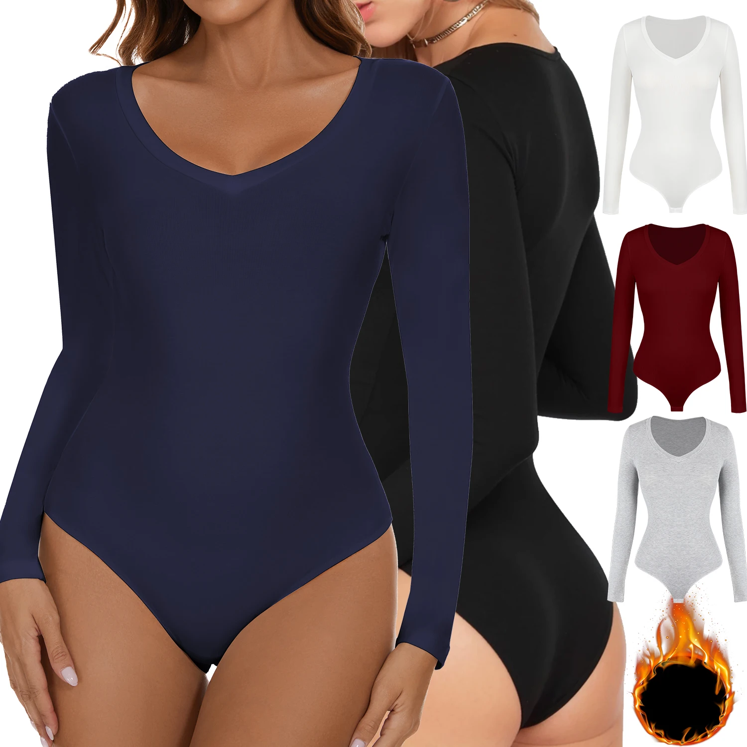 Deep V Neck Bodysuit Women's Long Sleeved Shapewear Shaper Lady Sexy Going Out Tops Body Suits Female Warm Clothes Autumn Winter
