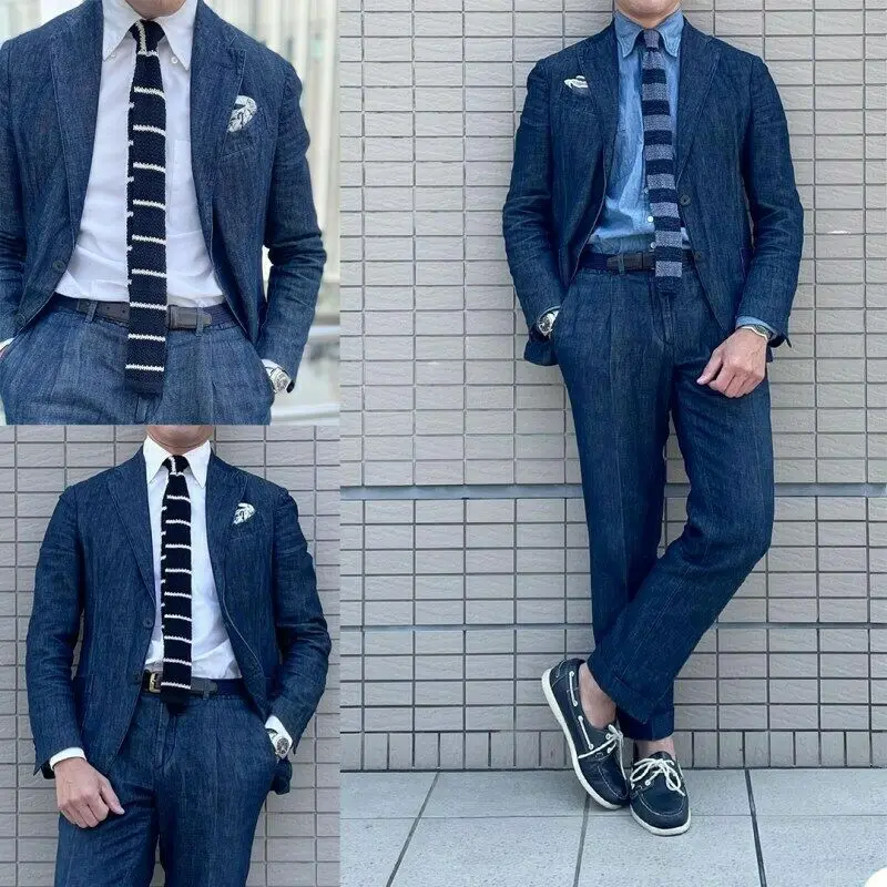 Denim Men Suits Tailor-Made 2 Pieces Slim Fit Coat Pants Prom Tuxedos Wedding Groom Formal Work Casual Tailored Costume Homme