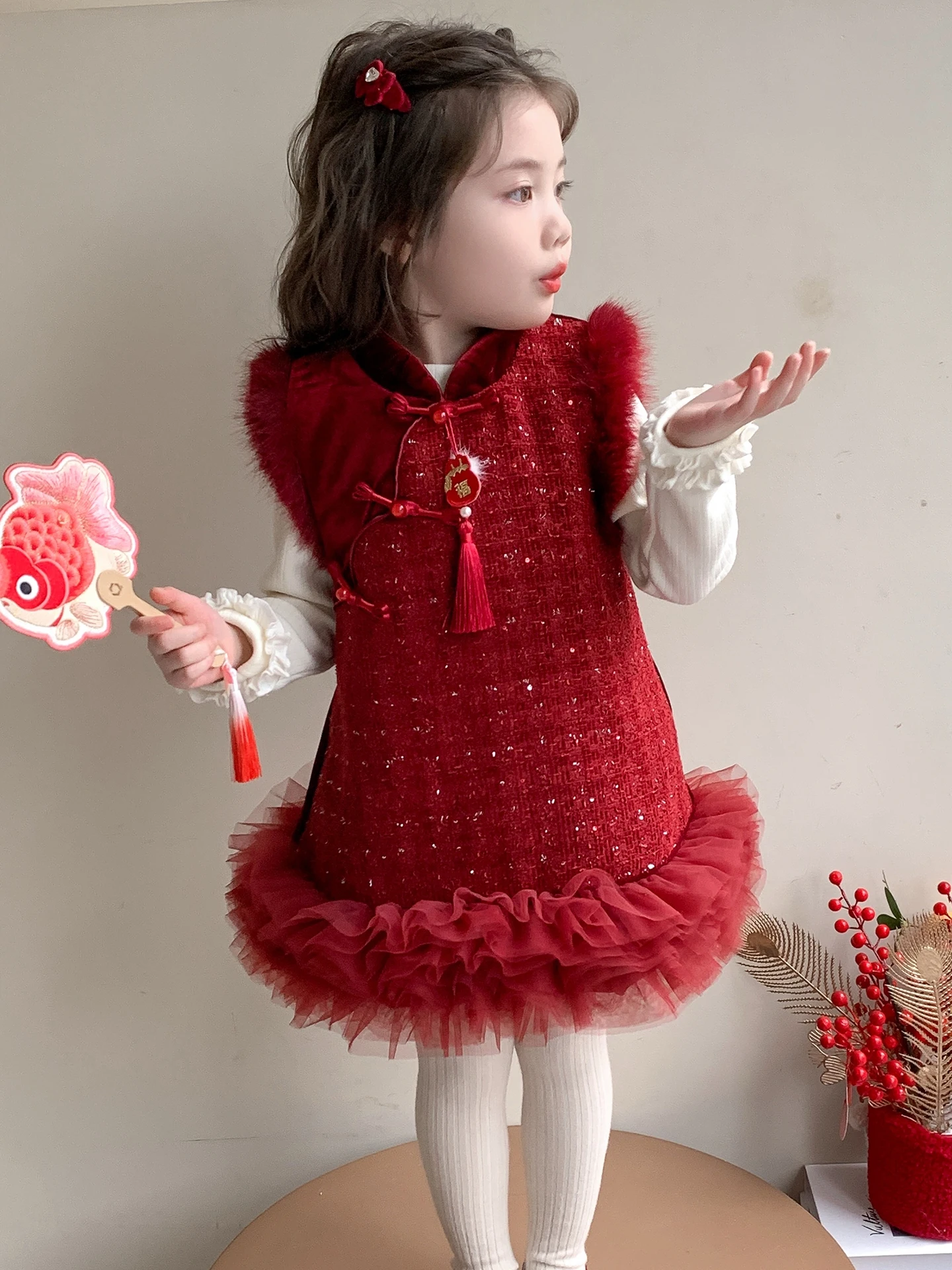 Girls Cotton Fce Flag Dr Sweater Set Net Skirt Princ Sle Winter Faion Children's Clothing Thiened Long Sve