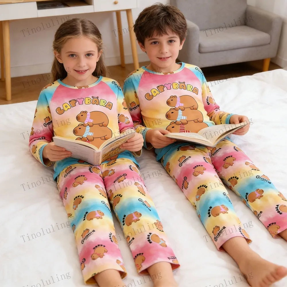 Funny Cartoon Boys Pajamas Sets Capybara 2026 Winter Underwear Pijama 2 to 8 10 11 12 Years Teenage Girl Clothing Kids Homewear