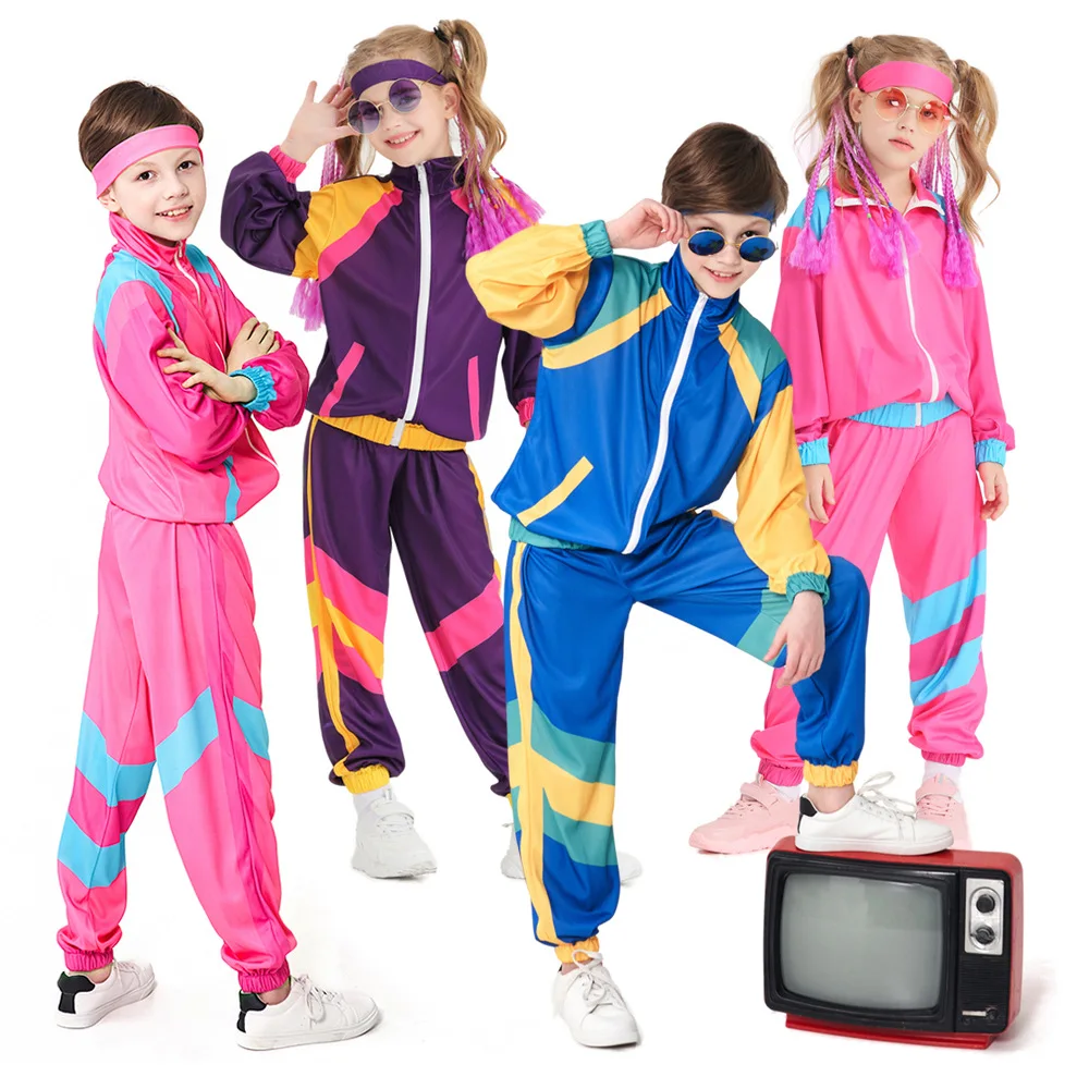 Boys and Girls 80s Tracksuit Hip Hop Costume Top Pants Sets Outfit Retro Disco Dance Sportswear Uniform for Kids Children