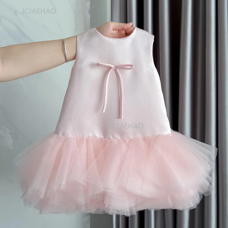Party Dress Pink Baby Girls Vest with Mesh Skirt First Birthday Kids Celebration Pageant Princess Gown Toddler Formal Dresses