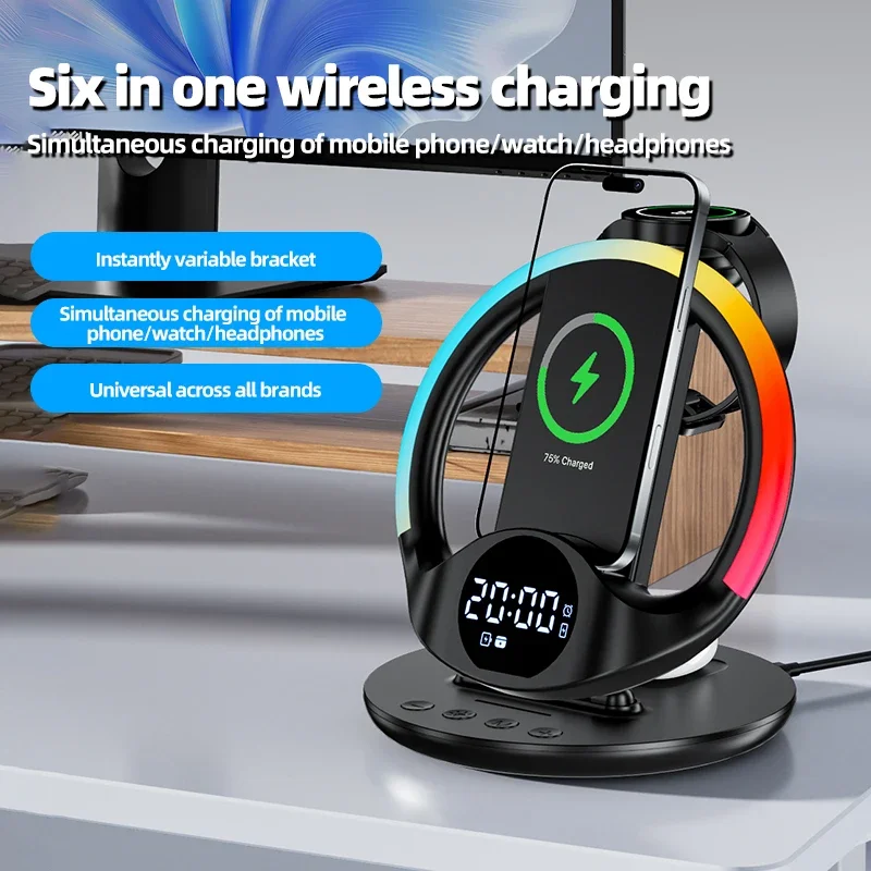 Multi-Device 6 in 1 Wireless Charger with Phone Stand Digital Clock RGB Light Charging Dock For iPhone Samsung iWatch AirPods
