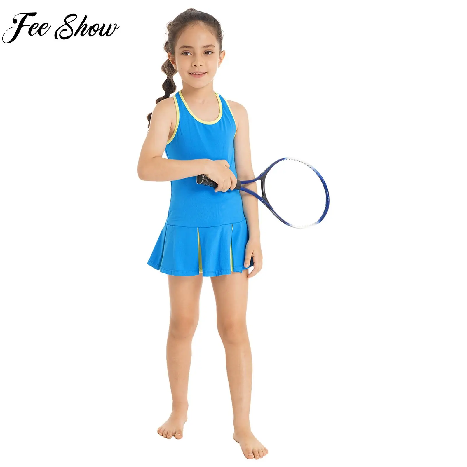 2 Pcs Tennis Badminton Sport Set Sportswear Kids Girls Sleeveless Open Upper Back Sport Dress Short Set for Gym Exercise Running