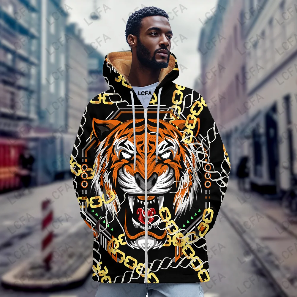 Chain Tiger Luxury Men Colorful Fleece Thickened Hoodies Large Size Zip Up Warm Thermal Sweatshirt Fall Winter Hooded Pockets